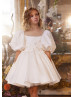 Puff Sleeves Ivory Beaded Satin Short Flower Girl Dress